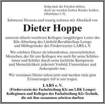 Anzeige  Dieter Hoppe  Lippische Landes-Zeitung