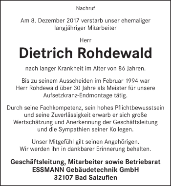 Anzeige  Dietrich Rohdewald  Lippische Landes-Zeitung