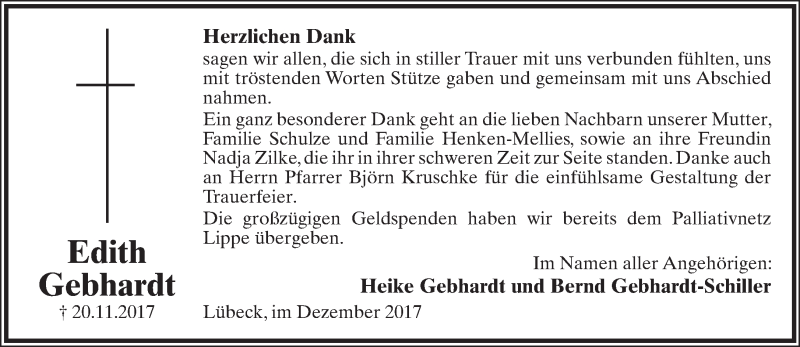  Traueranzeige für Edith Gebhardt vom 23.12.2017 aus Lippische Landes-Zeitung