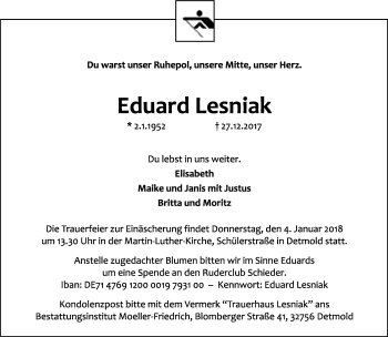 Anzeige  Eduard Lesniak  Lippische Landes-Zeitung