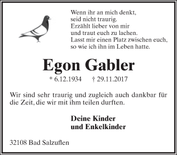 Anzeige  Egon Gabler  Lippische Landes-Zeitung