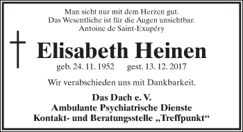 Anzeige  Elisabeth Heinen  Lippische Landes-Zeitung