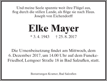 Anzeige  Elke Mayer  Lippische Landes-Zeitung