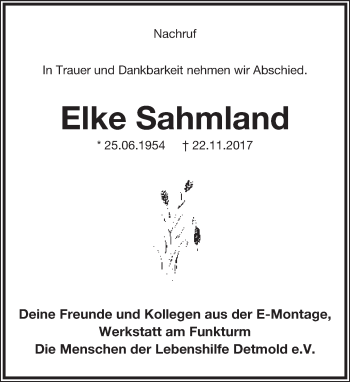 Anzeige  Elke Sahmland  Lippische Landes-Zeitung