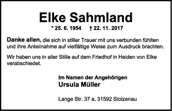 Anzeige  Elke Sahmland  Lippische Landes-Zeitung