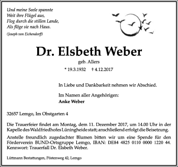 Anzeige  Elsbeth Weber  Lippische Landes-Zeitung