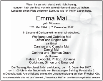 Anzeige  Emma Mai  Lippische Landes-Zeitung