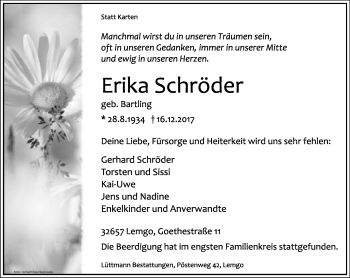 Anzeige  Erika Schröder  Lippische Landes-Zeitung