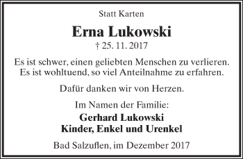 Anzeige  Erna Lukowski  Lippische Landes-Zeitung