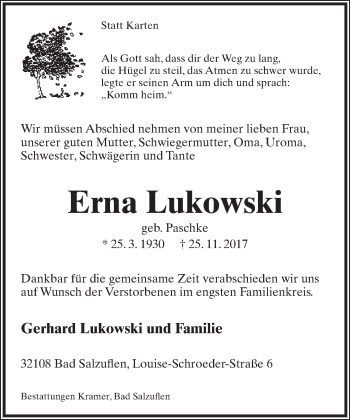 Anzeige  Erna Lukowski  Lippische Landes-Zeitung