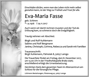 Anzeige  Eva-Maria Fasse  Lippische Landes-Zeitung