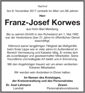 Anzeige  Franz-Josef Korwes  Lippische Landes-Zeitung