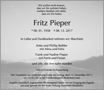 Anzeige  Fritz Pieper  Lippische Landes-Zeitung