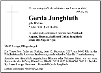 Anzeige  Gerda Jungbluth  Lippische Landes-Zeitung