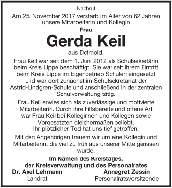 Anzeige  Gerda Keil  Lippische Landes-Zeitung