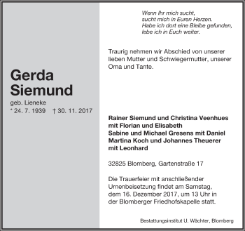 Anzeige  Gerda Siemund  Lippische Landes-Zeitung