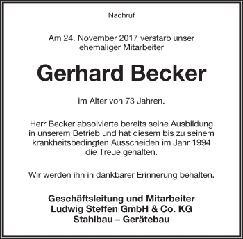 Anzeige  Gerhard Becker  Lippische Landes-Zeitung