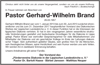Anzeige  Gerhard-Wilhelm Brand  Lippische Landes-Zeitung