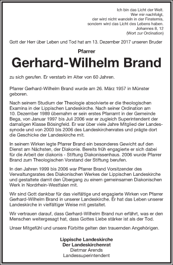 Anzeige  Gerhard-Wilhelm Brand  Lippische Landes-Zeitung
