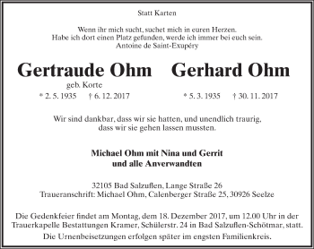 Anzeige  Gertraude Ohm  Lippische Landes-Zeitung