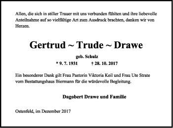 Anzeige  Gertrud Drawe  Lippische Landes-Zeitung