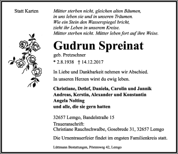 Anzeige  Gudrun Spreinat  Lippische Landes-Zeitung