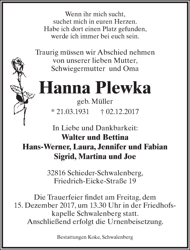  Traueranzeige für Hanna Plewka vom 09.12.2017 aus Lippische Landes-Zeitung