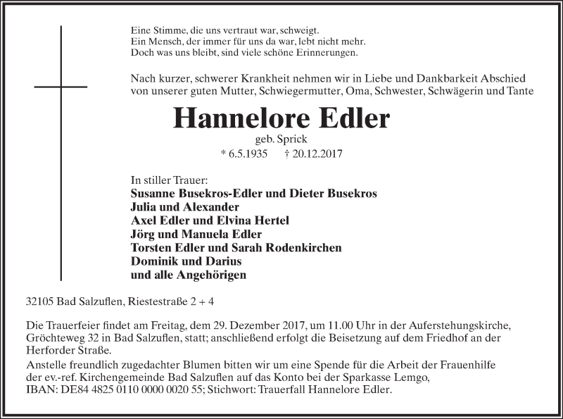  Traueranzeige für Hannelore Edler vom 23.12.2017 aus Lippische Landes-Zeitung
