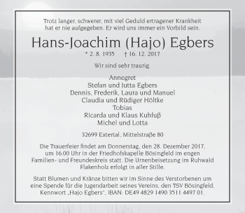 Anzeige  Hans-Joachim Egbers  Lippische Landes-Zeitung