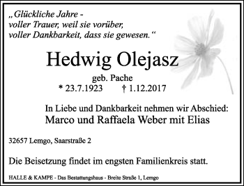 Anzeige  Hedwig Olejasz  Lippische Landes-Zeitung