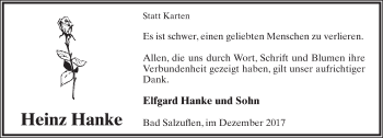 Anzeige  Heinz Hanke  Lippische Landes-Zeitung