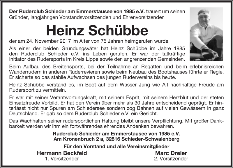  Traueranzeige für Heinz Schübbe vom 02.12.2017 aus Lippische Landes-Zeitung