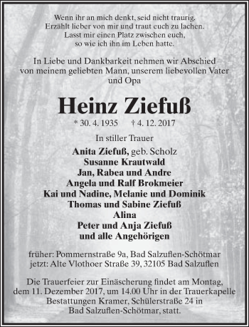 Anzeige  Heinz Ziefuß  Lippische Landes-Zeitung