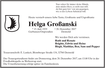 Anzeige  Helga Großanski  Lippische Landes-Zeitung