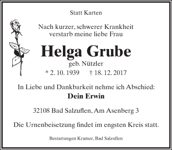 Anzeige  Helga Grube  Lippische Landes-Zeitung