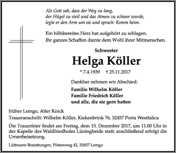 Anzeige  Helga Köller  Lippische Landes-Zeitung