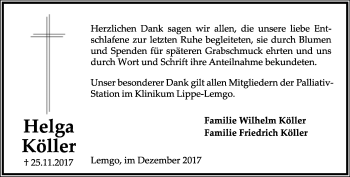 Anzeige  Helga Köller  Lippische Landes-Zeitung