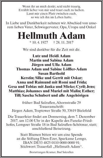 Anzeige  Hellmuth Adam  Lippische Landes-Zeitung