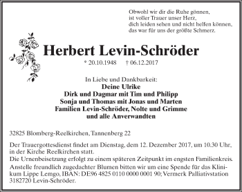 Anzeige  Herbert Levin-Schröder  Lippische Landes-Zeitung