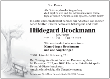 Anzeige  Hildegard Brockmann  Lippische Landes-Zeitung
