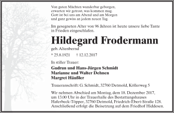 Anzeige  Hildegard Frodermann  Lippische Landes-Zeitung