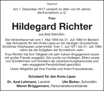 Anzeige  Hildegard Richter  Lippische Landes-Zeitung