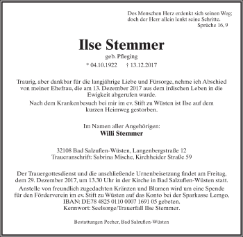 Anzeige  Ilse Stemmer  Lippische Landes-Zeitung