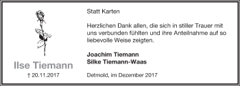 Anzeige  Ilse Tiemann  Lippische Landes-Zeitung