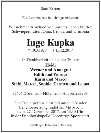 Anzeige  Inge Kupka  Lippische Landes-Zeitung