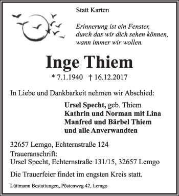 Anzeige  Inge Thiem  Lippische Landes-Zeitung