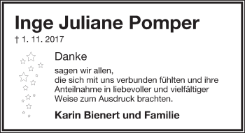 Anzeige  Inge Juliane Pomper  Lippische Landes-Zeitung