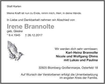 Anzeige  Irene Brannolte  Lippische Landes-Zeitung