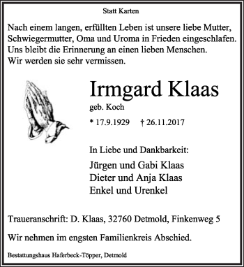 Anzeige  Irmgard Klaas  Lippische Landes-Zeitung