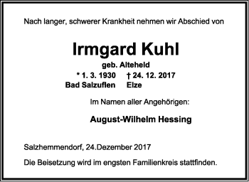 Anzeige  Irmgard Kuhl  Lippische Landes-Zeitung